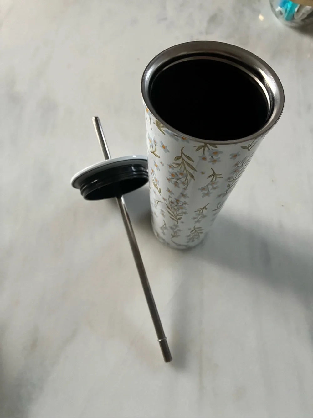 Rove Stainless Steel Floral Tumbler with Metal Straw White Blue Wildflower 23oz